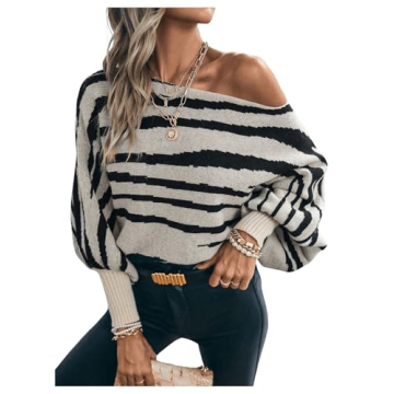 GORGLITTER Women's Zebra Stripe Fall Sweaters 2024 Oversized Long Sleeve Boat Neck Knit Pullover Tops Multicolor Large