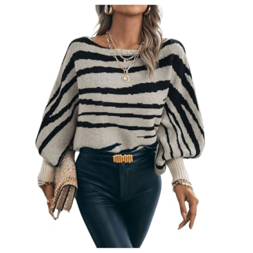 GORGLITTER Women's Zebra Stripe Fall Sweaters 2024 Oversized Long Sleeve Boat Neck Knit Pullover Tops Multicolor Large