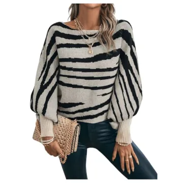 GORGLITTER Women's Zebra Stripe Fall Sweaters 2024 Oversized Long Sleeve Boat Neck Knit Pullover Tops Multicolor Large