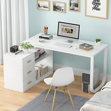 Homsee Home Office Computer Desk Corner Desk with 3 Drawers and 2 Shelves - White