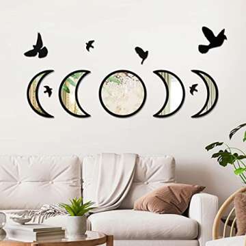 NESHE Moon Phase Mirror Set with Birds | Scandinavian Natural Home Boho Wall Decor | Aesthetic Witch...