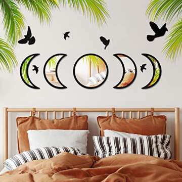 NESHE Moon Phase Mirror Set with Birds | Scandinavian Natural Home Boho Wall Decor | Aesthetic Witchy Bohemian Indoor Gothic Art Decorations for Living Room (Black)
