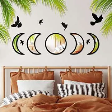 NESHE Moon Phase Mirror Set with Birds | Scandinavian Natural Home Boho Wall Decor | Aesthetic Witchy Bohemian Indoor Gothic Art Decorations for Living Room (Black)
