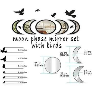 NESHE Moon Phase Mirror Set with Birds | Scandinavian Natural Home Boho Wall Decor | Aesthetic Witchy Bohemian Indoor Gothic Art Decorations for Living Room (Black)