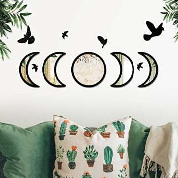NESHE Moon Phase Mirror Set with Birds | Scandinavian Natural Home Boho Wall Decor | Aesthetic Witchy Bohemian Indoor Gothic Art Decorations for Living Room (Black)