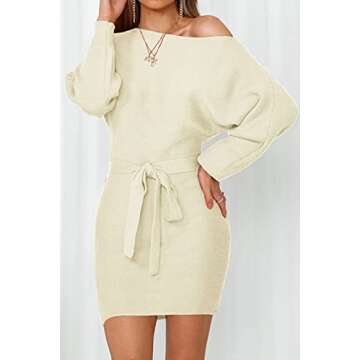 YORGOS Women's Long Batwing Sleeve Off Shoulder Sweater Dress Ribbed Knit Belted Bodycon Mini Dresses,Beige,Medium