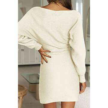 YORGOS Women's Long Batwing Sleeve Off Shoulder Sweater Dress Ribbed Knit Belted Bodycon Mini Dresses,Beige,Medium