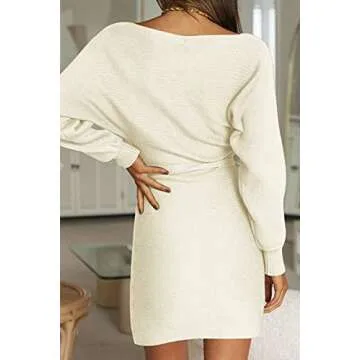 YORGOS Women's Long Batwing Sleeve Off Shoulder Sweater Dress Ribbed Knit Belted Bodycon Mini Dresses,Beige,Medium