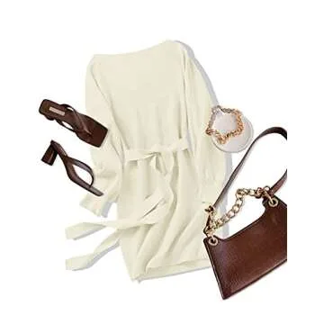 YORGOS Women's Long Batwing Sleeve Off Shoulder Sweater Dress Ribbed Knit Belted Bodycon Mini Dresses,Beige,Medium