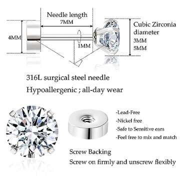 2 Pairs Premium Flat Back Earrings for Women | Hypoallergenic Stainless Steel and Cubic Zirconia