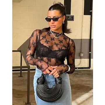 Wyeysyt Women's Mesh Tops Sexy Long Sleeve Mock Neck Sheer Blouse Lace Floral See Through Layering Top(Black-M)