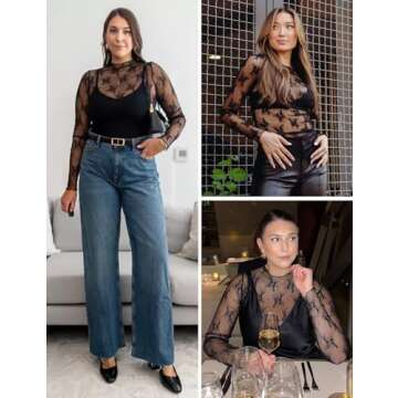 Wyeysyt Women's Mesh Tops Sexy Long Sleeve Mock Neck Sheer Blouse Lace Floral See Through Layering Top(Black-M)