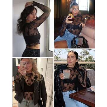 Wyeysyt Women's Mesh Tops Sexy Long Sleeve Mock Neck Sheer Blouse Lace Floral See Through Layering Top(Black-M)