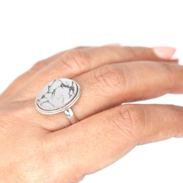 JEWELOPORIUM White Howlite Silver Ring Size 10.5, 925 Sterling Silver Ring for Women, Natural Chunky...