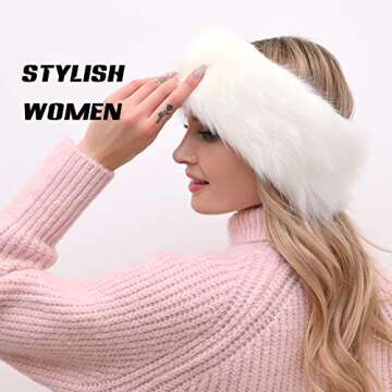 Fancylovesotio Womens Faux Fur Headband with Elastic Earwarmer Earmuff for winter cold weather (White)