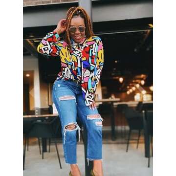 Blouses for Women Fashion, Casual Long Sleeve Button Down Shirts Tops, XS-3XL (Red Yellow Mix Colors, Medium)