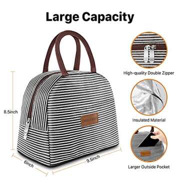 DANIA & DEAN Durable Insulated Lunch Bag for Women/Kids Double Zippers Wide Open Tote Bag Leakproof Thermal and Cooler Reusable Lunch Box for Office/School/Outdoor (Black and White Stripes)
