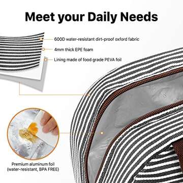 DANIA & DEAN Durable Insulated Lunch Bag for Women/Kids Double Zippers Wide Open Tote Bag Leakproof Thermal and Cooler Reusable Lunch Box for Office/School/Outdoor (Black and White Stripes)