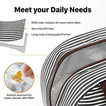 DANIA & DEAN Durable Insulated Lunch Bag for Women/Kids Double Zippers Wide Open Tote Bag Leakproof Thermal and Cooler Reusable Lunch Box for Office/School/Outdoor (Black and White Stripes)