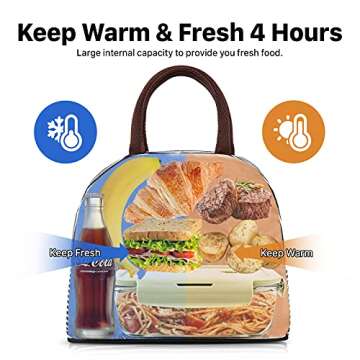 DANIA & DEAN Durable Insulated Lunch Bag for Women/Kids Double Zippers Wide Open Tote Bag Leakproof Thermal and Cooler Reusable Lunch Box for Office/School/Outdoor (Black and White Stripes)