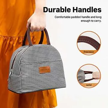 DANIA & DEAN Durable Insulated Lunch Bag for Women/Kids Double Zippers Wide Open Tote Bag Leakproof Thermal and Cooler Reusable Lunch Box for Office/School/Outdoor (Black and White Stripes)