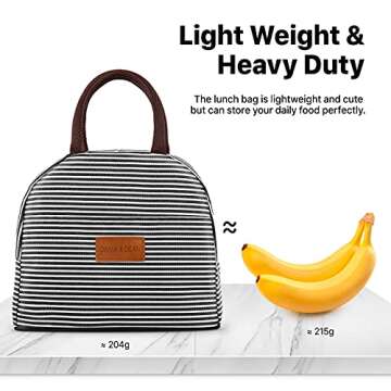 DANIA & DEAN Durable Insulated Lunch Bag for Women/Kids Double Zippers Wide Open Tote Bag Leakproof Thermal and Cooler Reusable Lunch Box for Office/School/Outdoor (Black and White Stripes)
