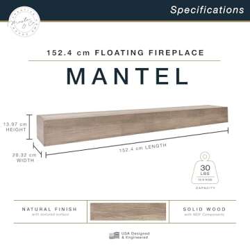 MCS 60-Inch Mantel, Master & Co Antique Natural Finsh Solid Wood Floating Fireplace Mantel, Long Floating Shelf for Livingroom with Wood Cleat Hanging System, Photo and Home Decor Display Shelf