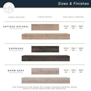 MCS 60-Inch Mantel, Master & Co Antique Natural Finsh Solid Wood Floating Fireplace Mantel, Long Floating Shelf for Livingroom with Wood Cleat Hanging System, Photo and Home Decor Display Shelf