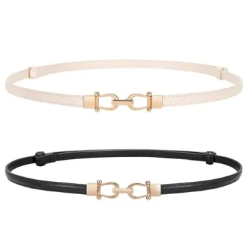 Stylish WERFORU 2 Pack Women Skinny Belt for Dress - Adjustable Leather Belt with Gold Buckle, Black...