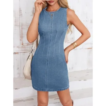 Wenrine Womens Denim Mini Dress Casual Sleeveless Summer