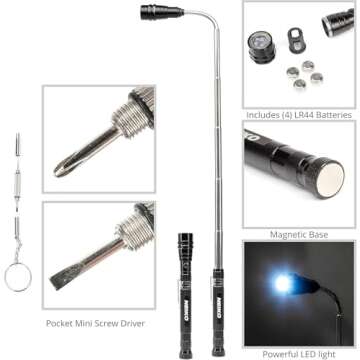 NEIKO 20736A (6) Piece Set, Magnetic Tool & Telescoping Mirror Set, Adjustable Telescoping Magnetic Pickup Tool, Flashlight 15lb Retriever Tool, 360 Swivel, Magnet Mirror, Magnetic Tools for Mechanic