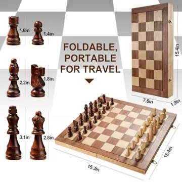 15" Magnetic Wooden Chess Set Portable Handcrafted Travel Game