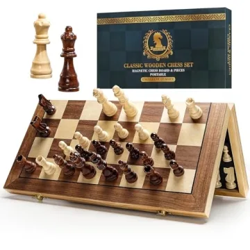 15" Magnetic Wooden Chess Set Portable Handcrafted Travel Game