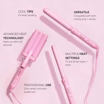 Mermade Hair 3 in 1 Style Wand - Hair Waver 3 Barrel, Curling Iron 1 1/4 Inch, 1 Inch Curling Iron, Ceramic Barrel Waver & Curler w/Heat Glove, Matt, & Interchangeable Handle - Pink