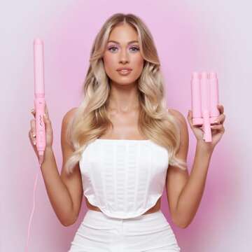 Mermade Hair 3 in 1 Style Wand - Hair Waver 3 Barrel, Curling Iron 1 1/4 Inch, 1 Inch Curling Iron, Ceramic Barrel Waver & Curler w/Heat Glove, Matt, & Interchangeable Handle - Pink