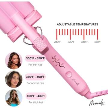 Mermade Hair 3 in 1 Style Wand - Hair Waver 3 Barrel, Curling Iron 1 1/4 Inch, 1 Inch Curling Iron, Ceramic Barrel Waver & Curler w/Heat Glove, Matt, & Interchangeable Handle - Pink