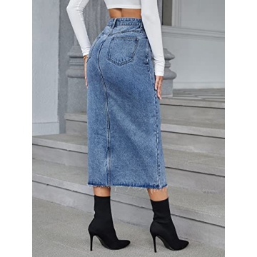 Stylish High Waist Denim Skirt - Split Hem Raw Trim