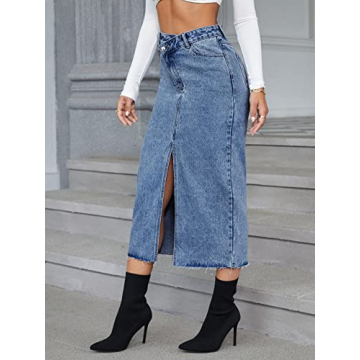 Stylish High Waist Denim Skirt - Split Hem Raw Trim
