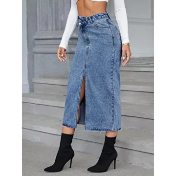 Stylish High Waist Denim Skirt - Split Hem Raw Trim