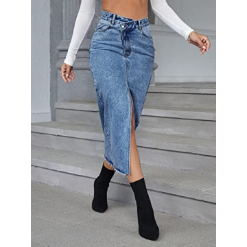 Stylish High Waist Denim Skirt - Split Hem Raw Trim