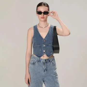 Miqil Women Y2K Button Down Denim Vest Sexy Sleeveless Denim Crop Top Low Cut Strapless Jean Corset Bustier Streetwear