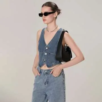Miqil Women Y2K Button Down Denim Vest Sexy Sleeveless Denim Crop Top Low Cut Strapless Jean Corset Bustier Streetwear