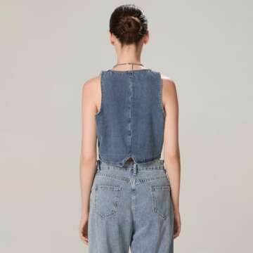 Miqil Women Y2K Button Down Denim Vest Sexy Sleeveless Denim Crop Top Low Cut Strapless Jean Corset Bustier Streetwear