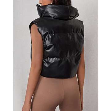 Yidarer Women's PU Leather Puffer Vest Stand Collar Padded Vest Sleeveless Quilted Lightweight Jacket (#2Black Cropped, Large)