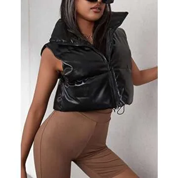 Yidarer Women's PU Leather Puffer Vest Stand Collar Padded Vest Sleeveless Quilted Lightweight Jacket (#2Black Cropped, Large)