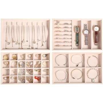 LANDICI Stackable Jewelry Organizer Trays 4 Set,PU Leather Jewelry Organizer Drawer,Jewelry Storage Display Tray for Earring Necklace Rings Bracelet with Removable Dividers,Apricot