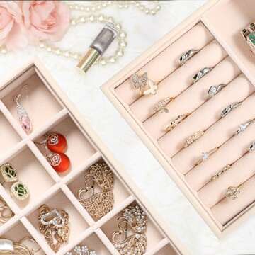 LANDICI Stackable Jewelry Organizer Trays 4 Set,PU Leather Jewelry Organizer Drawer,Jewelry Storage Display Tray for Earring Necklace Rings Bracelet with Removable Dividers,Apricot