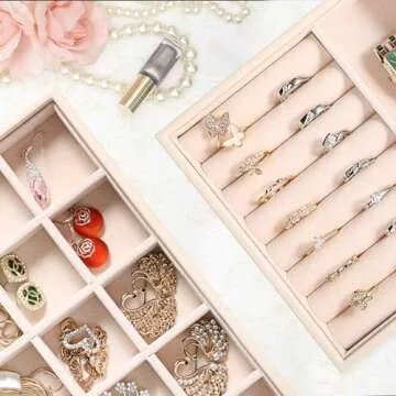 LANDICI Stackable Jewelry Organizer Trays 4 Set,PU Leather Jewelry Organizer Drawer,Jewelry Storage Display Tray for Earring Necklace Rings Bracelet with Removable Dividers,Apricot