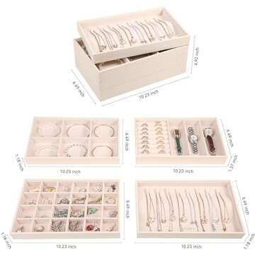 LANDICI Stackable Jewelry Organizer Trays 4 Set,PU Leather Jewelry Organizer Drawer,Jewelry Storage Display Tray for Earring Necklace Rings Bracelet with Removable Dividers,Apricot