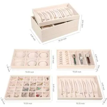 LANDICI Stackable Jewelry Organizer Trays 4 Set,PU Leather Jewelry Organizer Drawer,Jewelry Storage Display Tray for Earring Necklace Rings Bracelet with Removable Dividers,Apricot